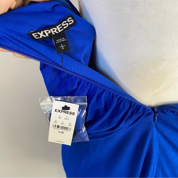 NWT Express draped ruched Y2K convertible strapless colbalt blue mini dress Sz L - Picture 9 of 14